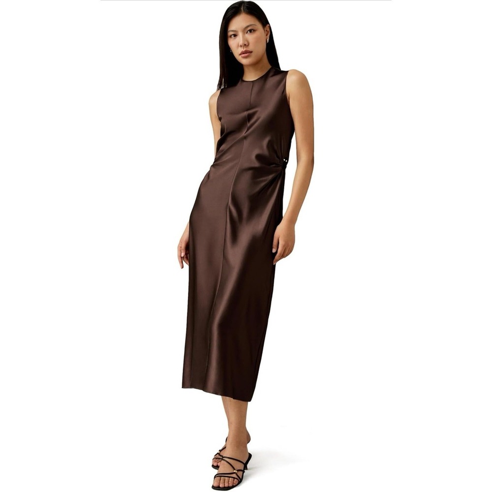 LilySilk $249 Mulberry Silk Chocolate A Line Dress Cut‎ Metal Ring Size 6 - Picture 6 of 14